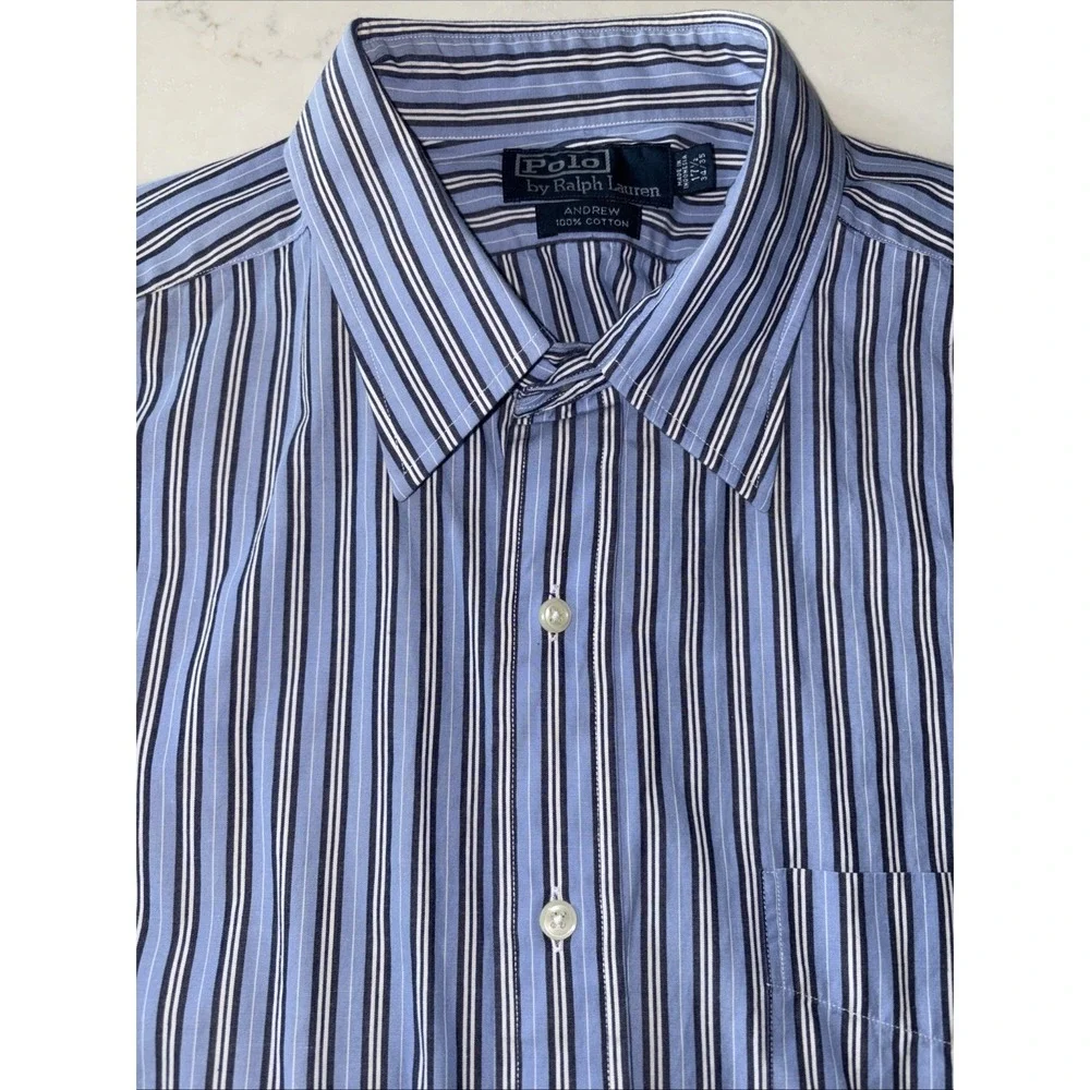 Polo Ralph Lauren Dress Shirt Men 17.5 34/35 Large Andrew Fit Blue Cotton Stripe